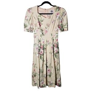 VTG Lanz Originals 6 Pink Floral Midi Dress Pleats Short Sleeve 80s 90s Cottage